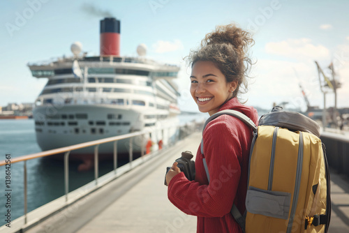 carefree female traveler walking up cruise ship gangway with weekend luggage