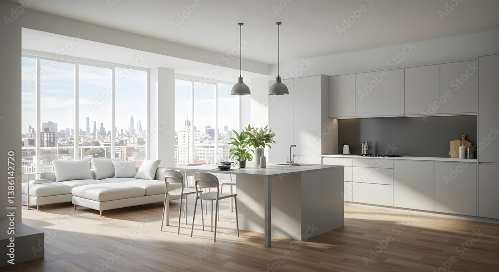 Fototapeta premium Modern minimalist kitchen and living room with wooden accents and large windows. 3D Rendering 