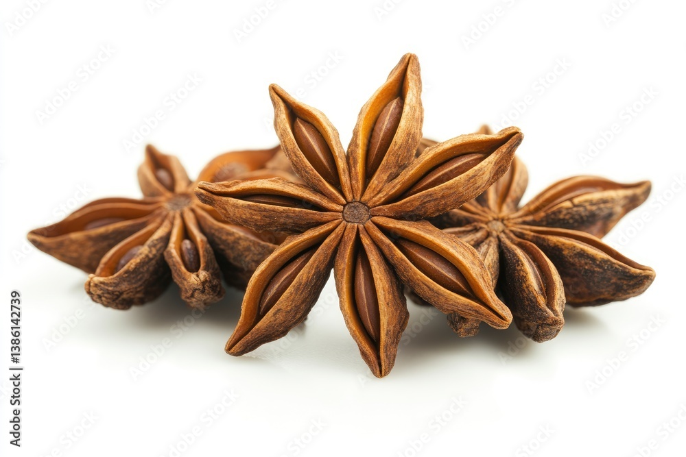Close-up of Three Star Anise Pods on White Surface Close-up of Three Star Anise Pods on White Surface