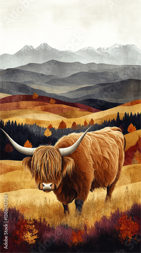 Stunning Scenic Autumn Landscape Vector Illustration of Majestic Scottish Highland Cow with Long Horns Grazing Peacefully in Colorful Fields and Mountain Background