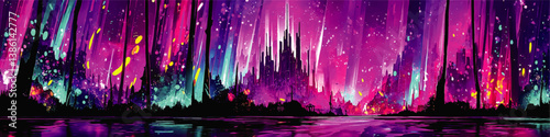 Stunning Abstract Vector Illustration of Magical Neon Skyline Silhouette and Glowing Aurora Reflections with Vibrant Purple Pink Blue and Yellow Color Fantasy Theme