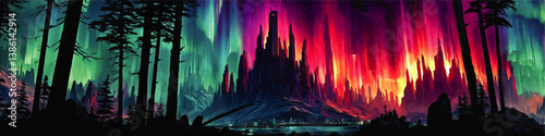 Stunning Vector Art Illustration of Vibrant Futuristic Fantasy Cityscape Illuminated by Colorful Aurora Northern Lights Landscape with Mountains and Silhouette Trees