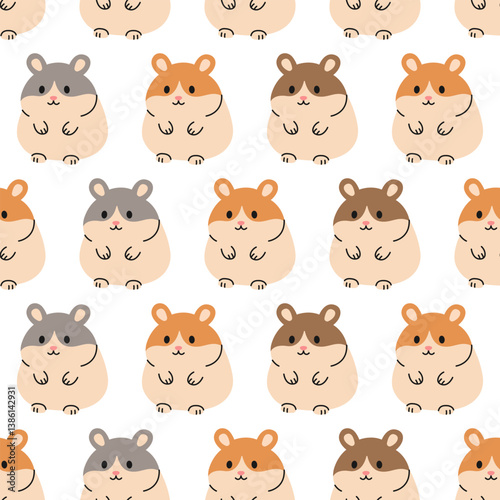 Seamless pattern with different colored hamsters on white background. Little rodents. Cute pets. Domestic animals in simple style. Vector flat illustration for wallpaper, textile, packaging