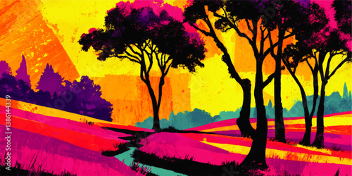 Vibrant Abstract Landscape Vector Image Featuring Colorful Sunset Trees River Forest and Hills Background Ideal for Modern Artistic Print or Creative Nature Website