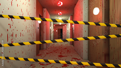 Bloody crime scene. Hotel corridor with blood on the floor , walls and police barricade line. 3d rendering.