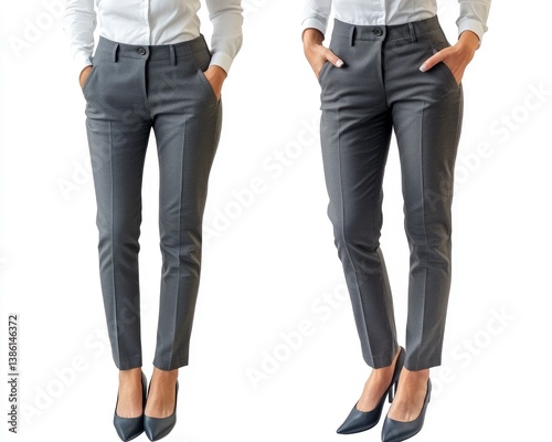 Woman Wearing Gray Dress Pants and Heels Isolated on White Background