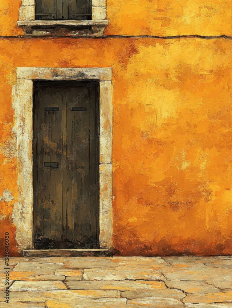 Rustic Charm of an Old World Doorway with Textured Orange Wall and Stone Path in Artistic Style Rustic Charm of an Old World Doorway with Textured Orange Wall and Stone Path in Artistic Style
