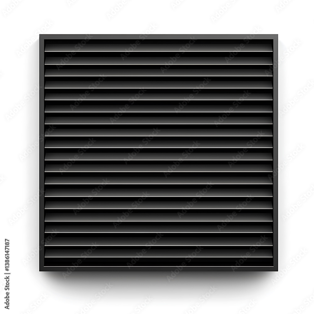Obraz premium Black square vent with horizontal louvers casting a subtle shadow on a plain white background.