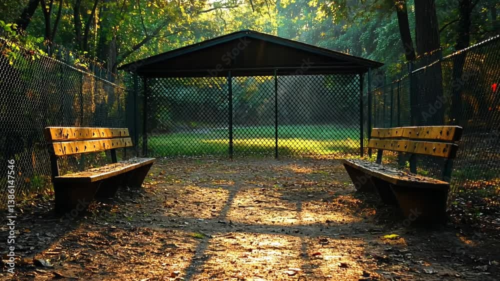 Sunny park benches under gazebo