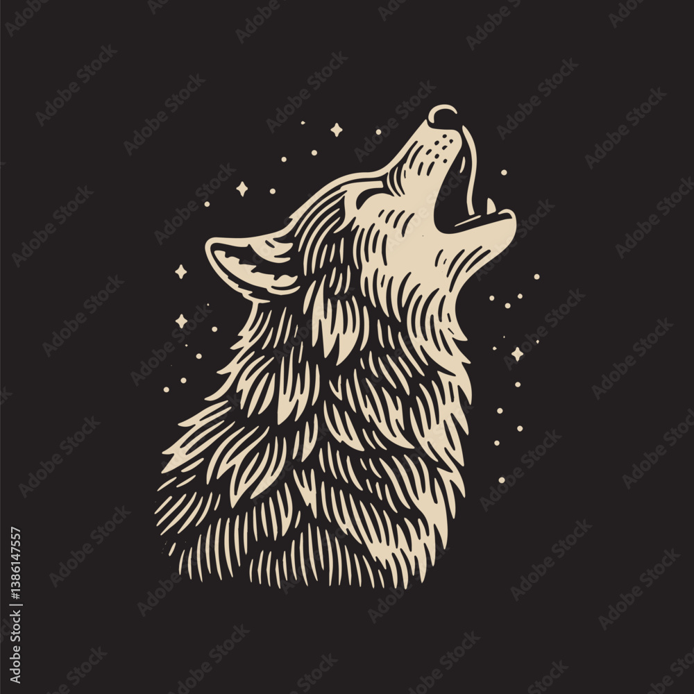 Naklejka premium Gray Wolf Vector Illustration – Vintage Retro Logo Design on Black Background