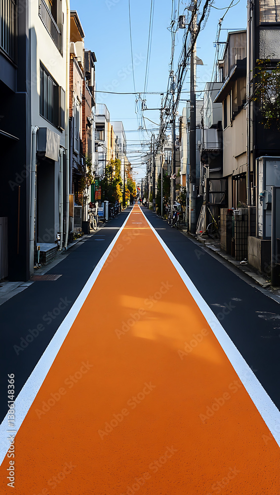 Narrow city street view featuring a bright orange center lane with white borders flanked by buildings under a clear blue sky.