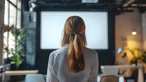 Visionary Insights: A woman with auburn hair gazes at a blank presentation screen, her posture exuding anticipation and focus within a modern office setting. 