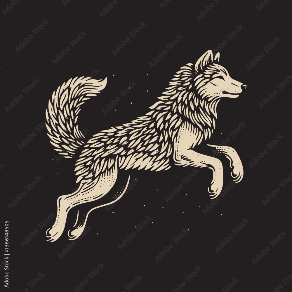 Obraz premium Gray Wolf Vector Illustration – Vintage Retro Logo Design on Black Background