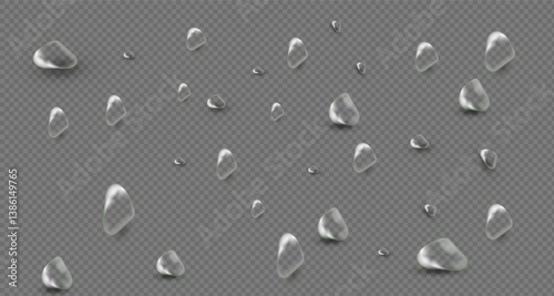 Water droplets scattered on a transparent background or smooth grey surface. Transparent drops and puddles of different sizes reflecting light .Realistic 3d vector banner with raindrops. PNG