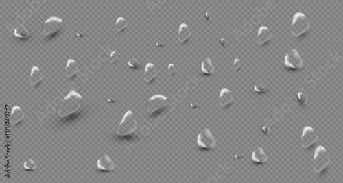 Water droplets scattered on a transparent background or smooth grey surface. Transparent drops and puddles of different sizes reflecting light .Realistic 3d vector banner with raindrops. PNG