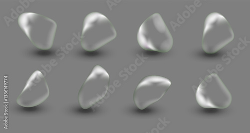 Water droplets scattered on a transparent background or smooth grey surface. Transparent drops and puddles of different sizes reflecting light .Realistic 3d vector banner with raindrops. PNG