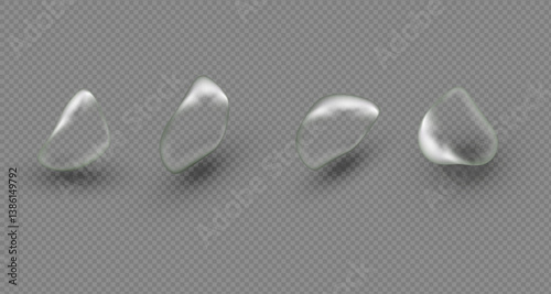Water droplets scattered on a transparent background or smooth grey surface. Transparent drops and puddles of different sizes reflecting light .Realistic 3d vector banner with raindrops. PNG