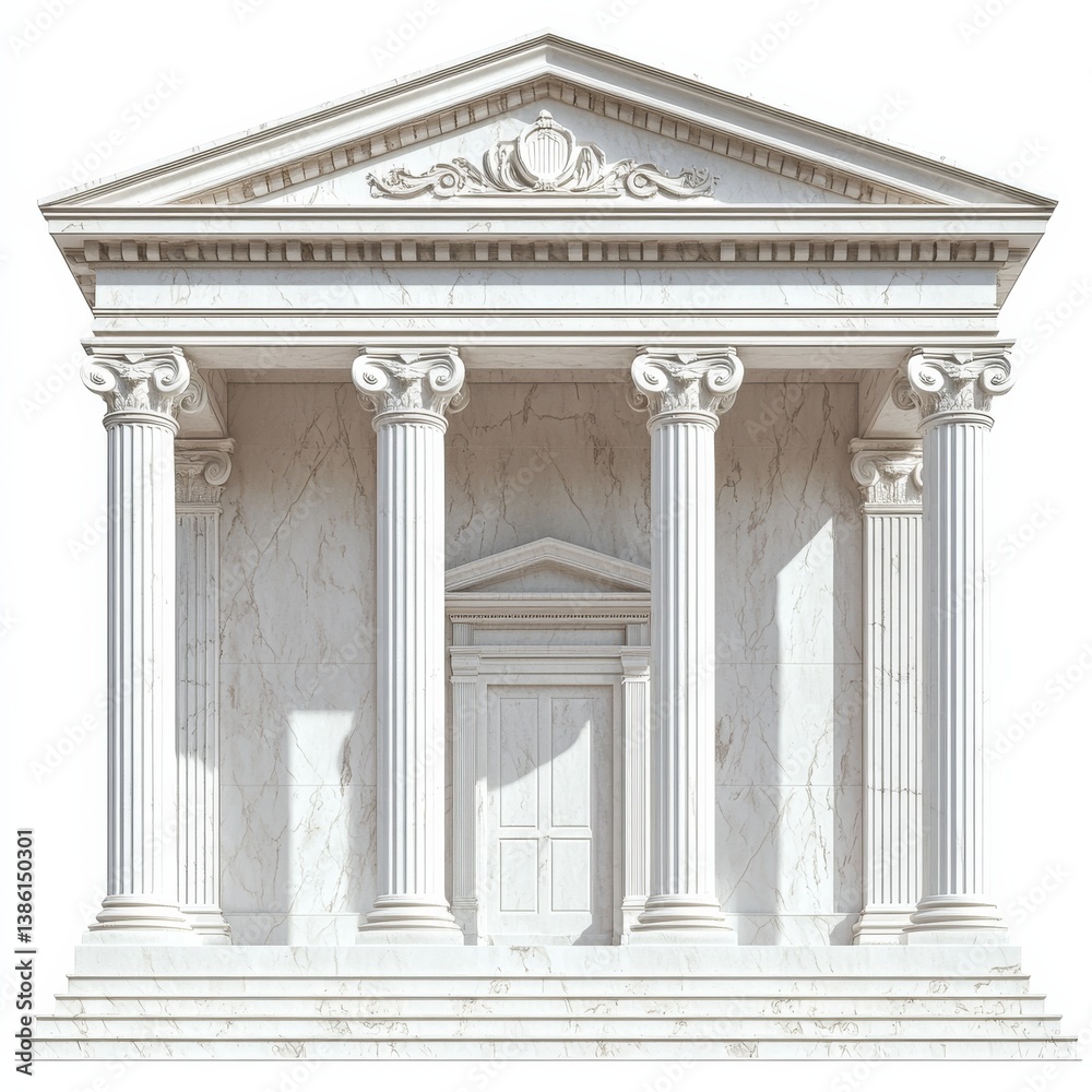 Naklejka premium Classical Marble Temple Facade with Columns, Pediment, and Elegant Doorway - A Timeless Architectural Wonder