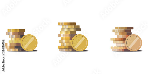 Coins icon set in thin line. vector illustrations for web, Coins stack icon. filled and line stroke icons, Vector illustration of set of different pile of golden shine coin on white background.