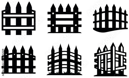 A collection of four different simple black and white wood fence icons.