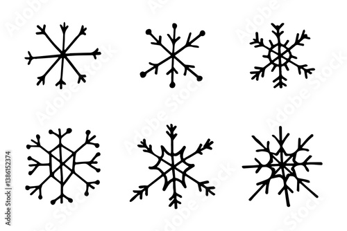 Hand drawn snowflakes on white background. Doodle snowflakes.