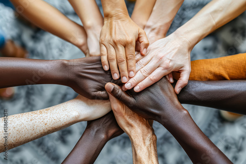 Group of people with different skin tones are holding hands in a circle