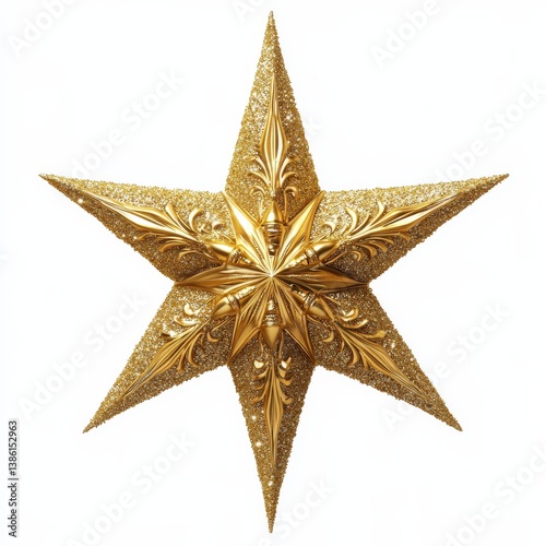 Radiant Six-Pointed Golden Star Ornament with Intricate Details, Shining Brightly Against a White Background