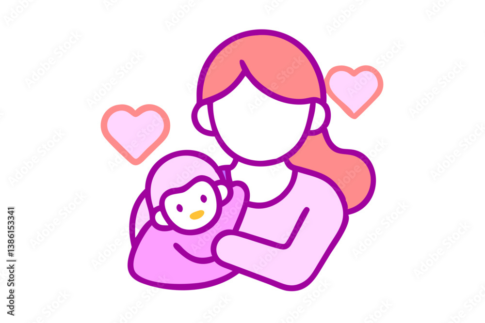 Mother Holding Baby With Hearts Icon In Pink And Purple Colors Mother Holding Baby With Hearts Icon In Pink And Purple Colors