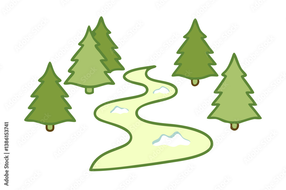 Cartoon Stream Through Forest With Evergreen Trees In A Black Background Cartoon Stream Through Forest With Evergreen Trees In A Black Background