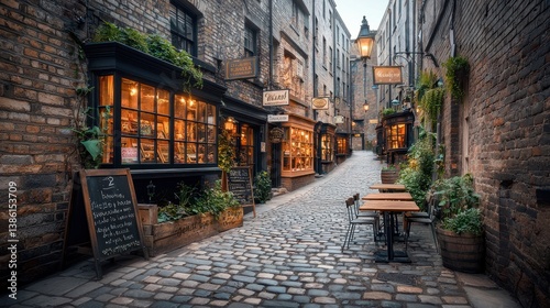Cobblestone alleyway with shops and outdoor seating