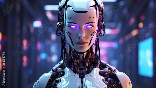 A futuristic robotic figure with a digital photo
