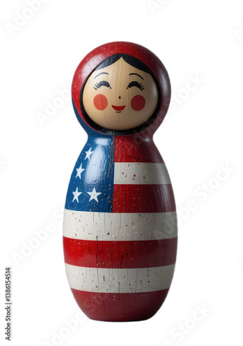 A colorful wooden doll painted with the design of the American flag, featuring vibrant red, white, and blue tones. Represents patriotic themes and cultural symbols with artistic simplicity.