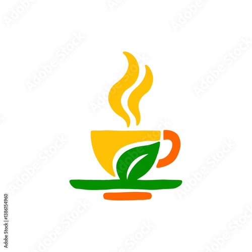 Coffee cup logo with steam and leaf design in colorful style  