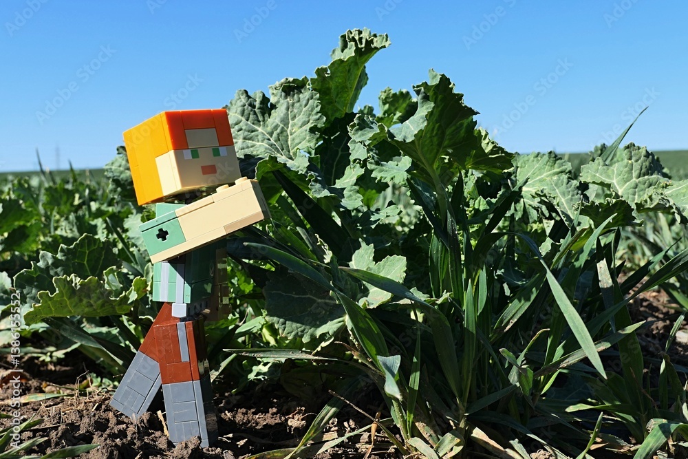 Fototapeta premium LEGO Minecraft figure of female main character Alex examining Sea Kale vegetable plant, latin name Crambe Maritima, on early spring field, sunlit by daylight sunshine, blue skies in background. 