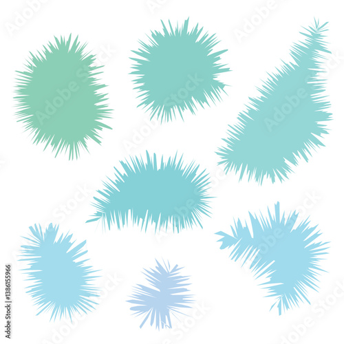 Seven abstract shapes. Pastel blue and green tones. Transparent background. Irregular, jagged edges resembles fur or pine trees. Organic forms. Modern design.