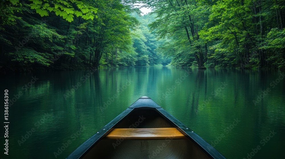 Obraz premium Serene Green River: A Tranquil Canoe Journey Through Lush Forests