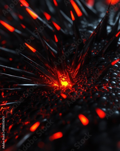Hyper-Detailed Hedgehog Spines: Glowing Red on Matte Black. Sci-fi realism macro texture, seamless tileable background.