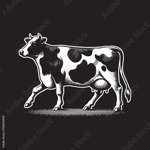 Holstein Cow Vector Illustration – Vintage Retro Logo Design on Black Background