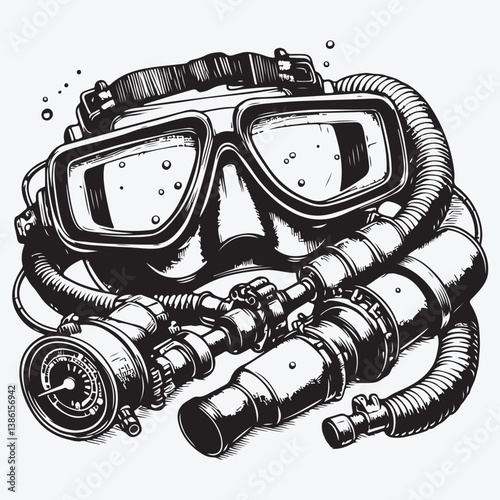 Diving equipment with sketch style stock illustration