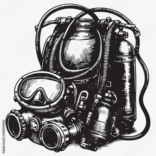 Diving equipment with sketch style stock illustration