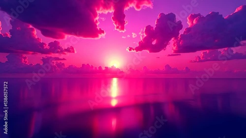Purple landscape. The camera zooms in on the water surface to the sun. Crimson Sunset with purple clouds. Beautiful nature video