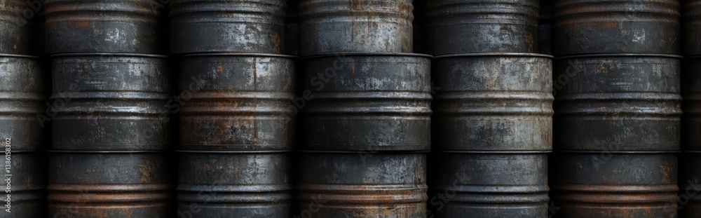 Rustic stacked metal barrels with a weathered texture in an industrial setting. Rustic stacked metal barrels with a weathered texture in an industrial setting.
