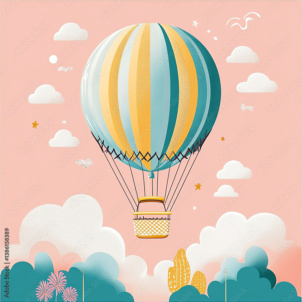 Fototapeta premium Scandinavian Boho Nursery Air Balloon playroom print in gender neutral colors. Sun and clouds. Vector illustration. Isolated Faboluo object