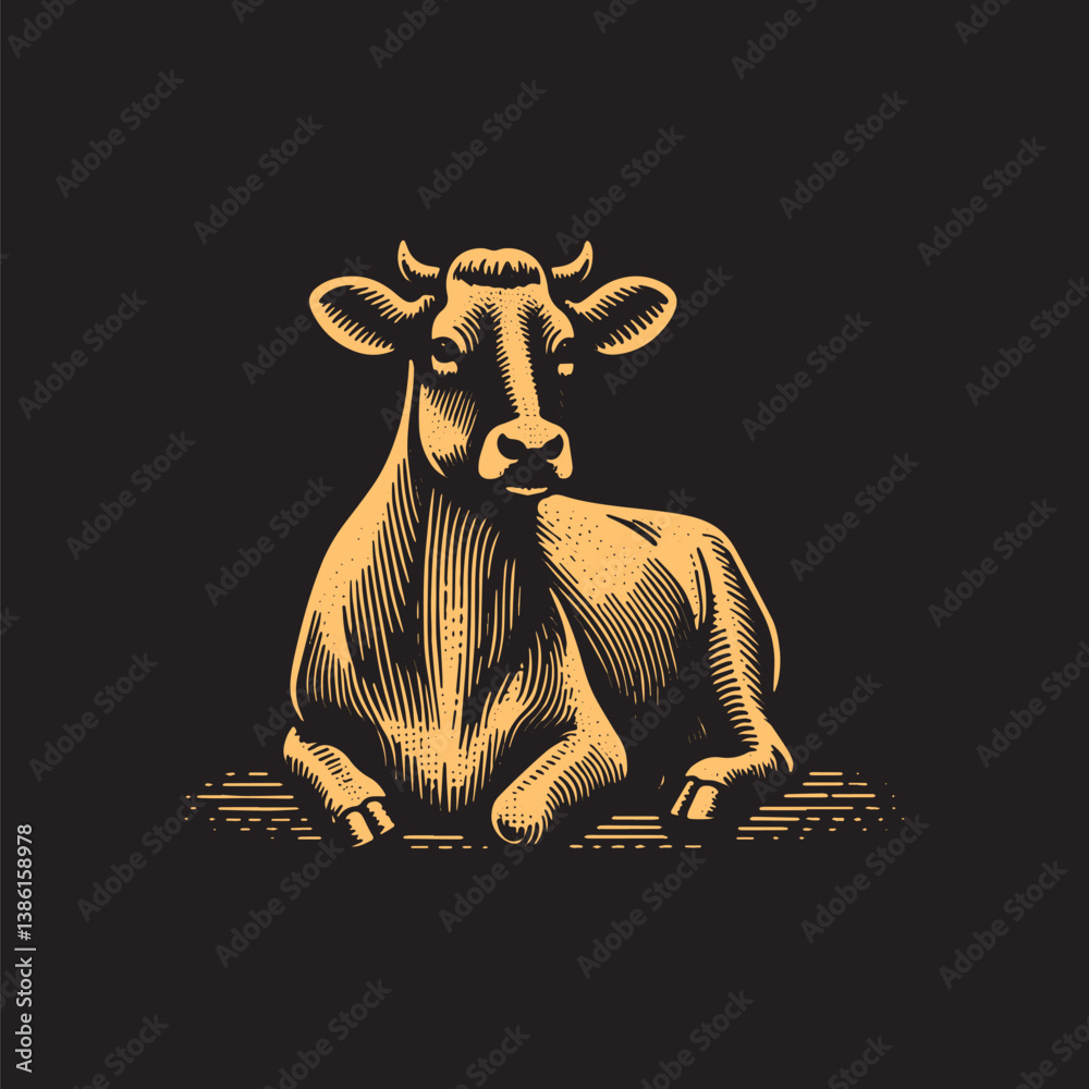 Fototapeta premium Jersey Cow Vector Illustration – Vintage Retro Logo Design on Black Background