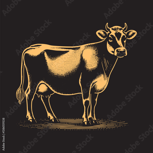 Jersey Cow Vector Illustration – Vintage Retro Logo Design on Black Background