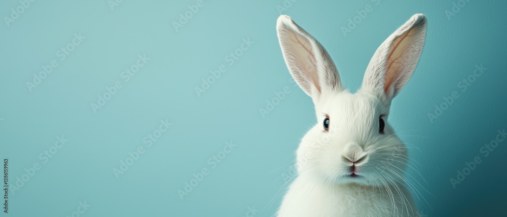 Obraz premium Cheerful white rabbit smiling on skyblue background for spring designs