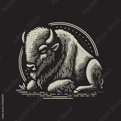 American Bison Vector Illustration – Vintage Retro Logo Design on Black Background