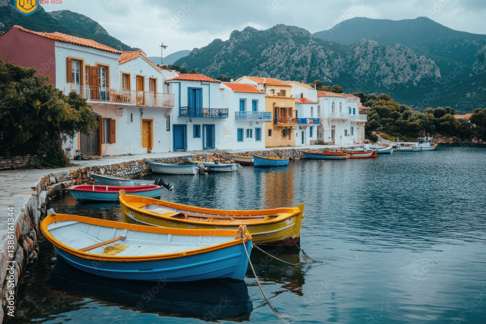 Fototapeta premium Boats docked in a cozy village harbor, with colorful houses lining the shore under a clear blue sky on a sunny day.