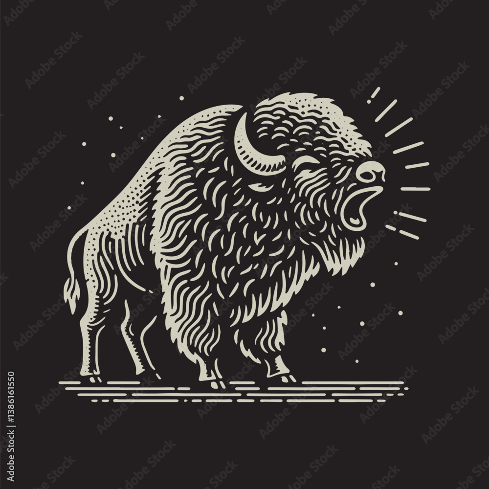 Obraz premium American Bison Vector Illustration – Vintage Retro Logo Design on Black Background