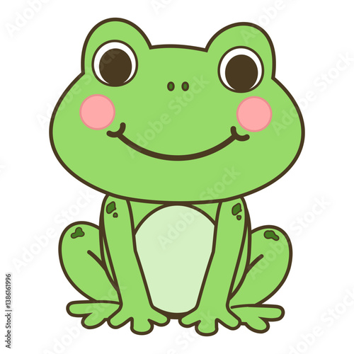 Cute cartoon frog with rosy cheeks and a big smile vector illustration isolated on white background.